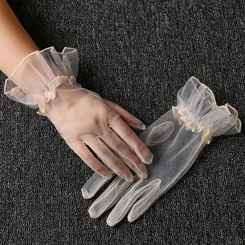 Women Short Tulle Gloves Summer Wedding White Black Elegant Gloves Stretchy Lace Full Finger Mittens Mesh Transparentes Gloves