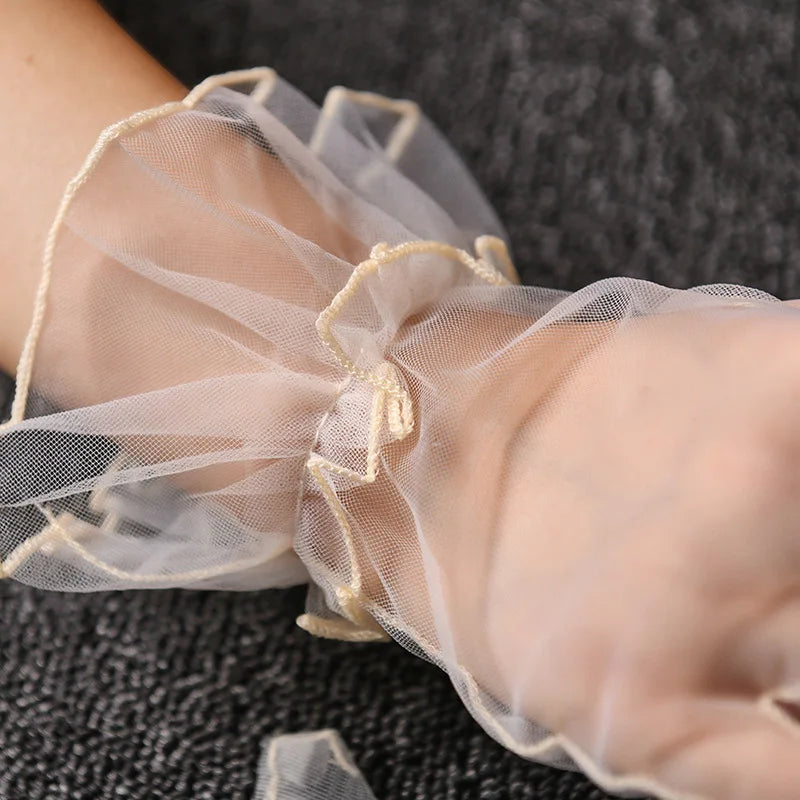 Women Short Tulle Gloves Summer Wedding White Black Elegant Gloves Stretchy Lace Full Finger Mittens Mesh Transparentes Gloves