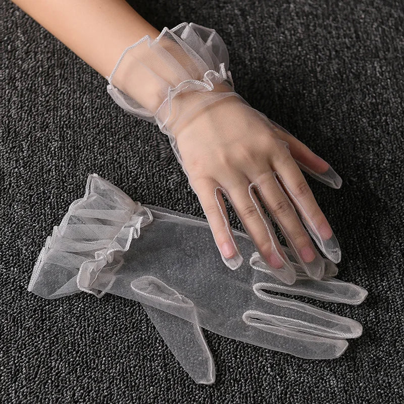 Women Short Tulle Gloves Summer Wedding White Black Elegant Gloves Stretchy Lace Full Finger Mittens Mesh Transparentes Gloves