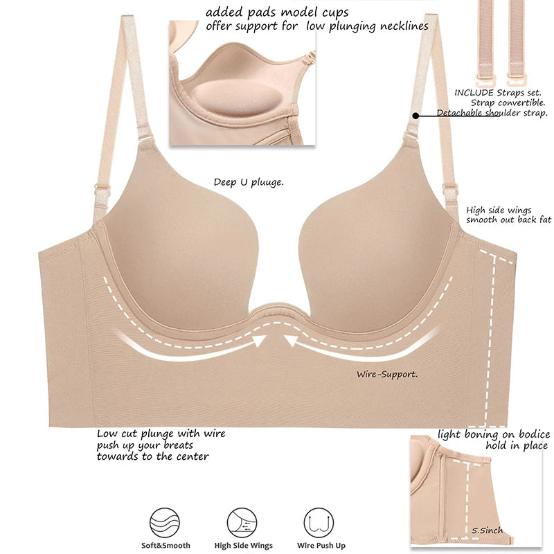 Womens Low Back Bra Wire Lifting Deep U Shaped Plunge Backless Bra with Multiway Convertible Clear Straps Body Shaper Lingeres