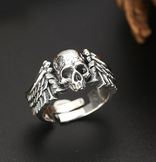 Retro vintage personalized wings, skull head ring, male