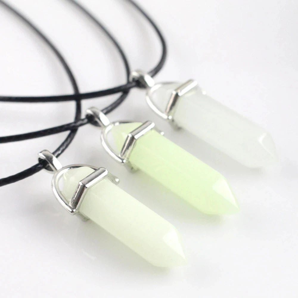 noctilucent glow stone necklace luminous stone fluorescent necklace hexagonal column crystal bullet stone leather necklace