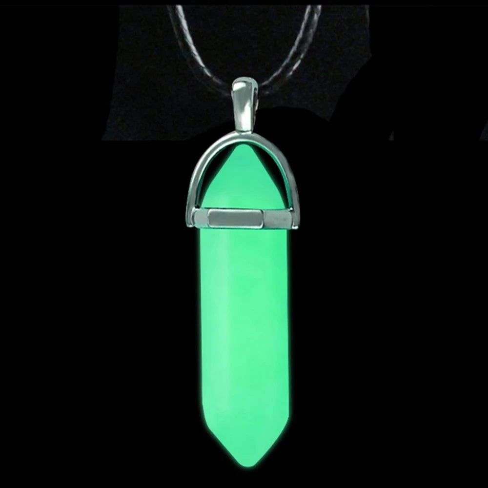 noctilucent glow stone necklace luminous stone fluorescent necklace hexagonal column crystal bullet stone leather necklace