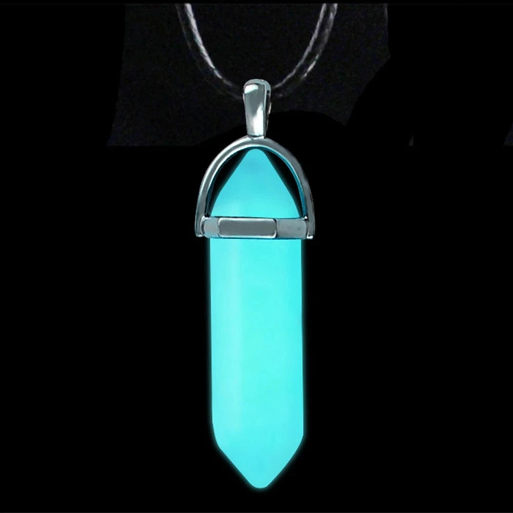 noctilucent glow stone necklace luminous stone fluorescent necklace hexagonal column crystal bullet stone leather necklace