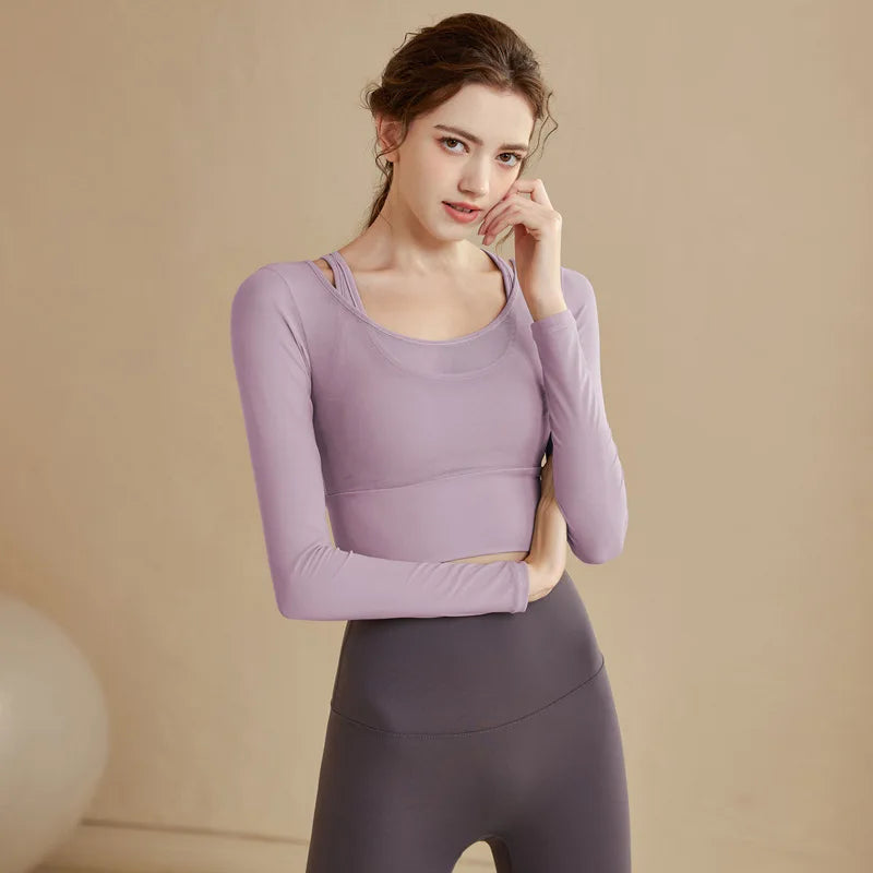 yoga clothes women's sports spring top mesh with chest pad skinny slim long sleeve outdoor running training gym wear