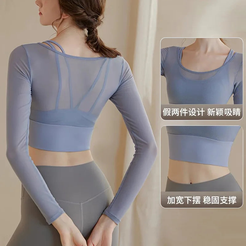 yoga clothes women's sports spring top mesh with chest pad skinny slim long sleeve outdoor running training gym wear