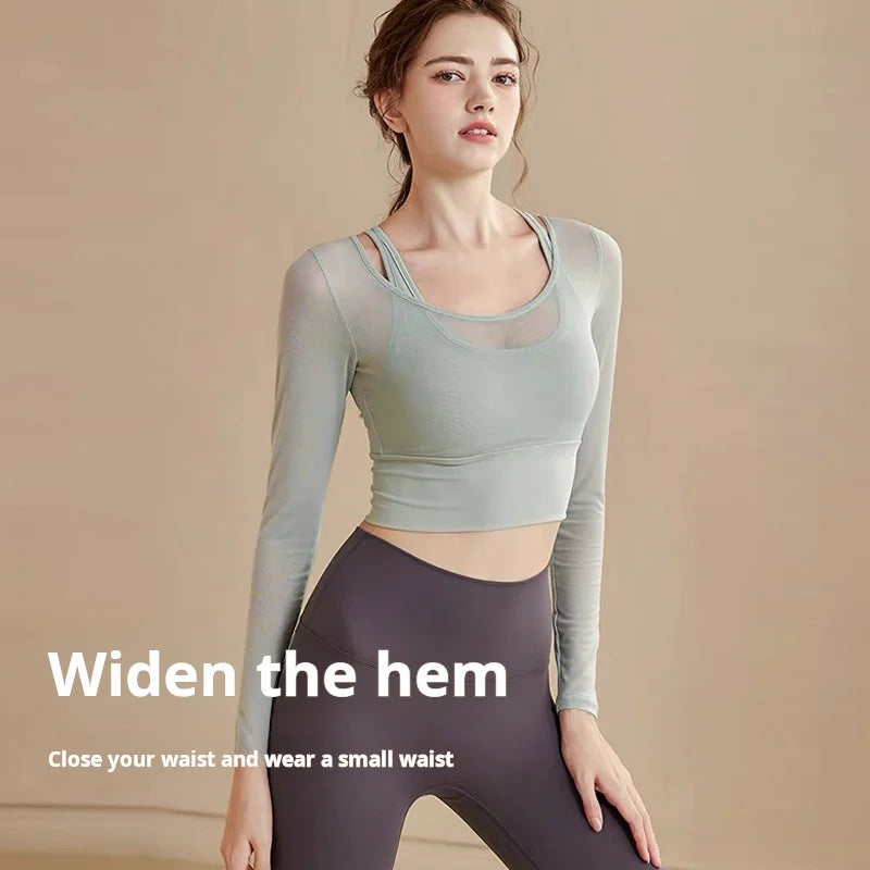 yoga clothes women's sports spring top mesh with chest pad skinny slim long sleeve outdoor running training gym wear